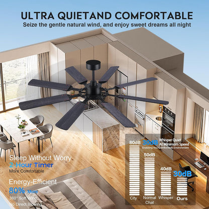 62" Ceiling Fan with Light - Modern White Low Profile Ceilings Fans Light08-Black-62In 08-White-62In 08-Brown-62In