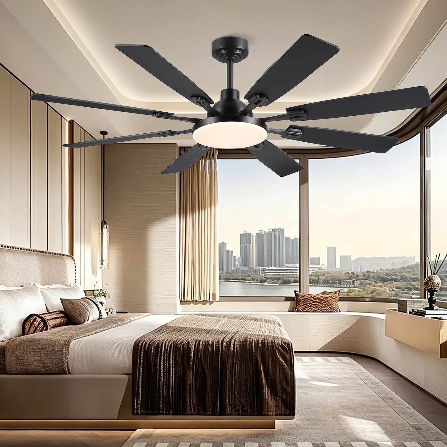 60" Ceiling Fan with Light - Modern White Low Profile Ceilings Fans Light Low Profile Fan with 8 Blades,6 Wind Speeds Reversible,Dimmable,Modern Light for Indoor Living Room,Kitchen,Coverd PatiosJL-153-Black-60In JL-153-White-60In JL-153-Brown-60In