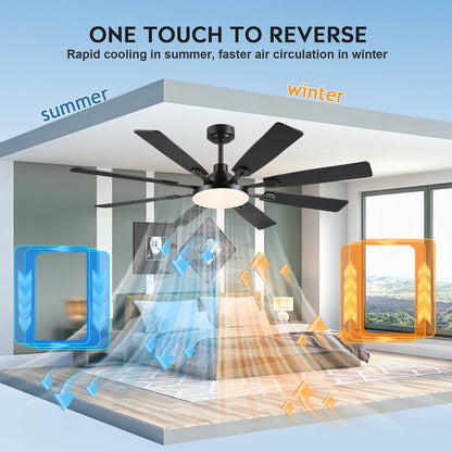 60" Ceiling Fan with Light - Modern White Low Profile Ceilings Fans Light Low Profile Fan with 8 Blades,6 Wind Speeds Reversible,Dimmable,Modern Light for Indoor Living Room,Kitchen,Coverd PatiosJL-153-Black-60In JL-153-White-60In JL-153-Brown-60In