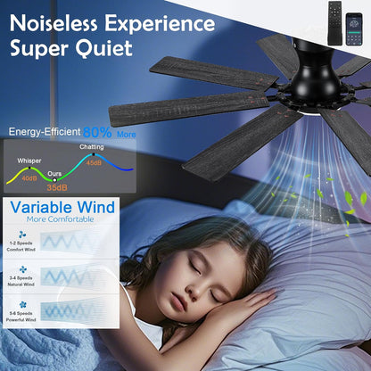Ceiling Fans with Lights, 54 inch Low Profile Ceiling Fan with Light and Remote Control, Flush Mount Ceiling Fan for Bedroom, Living Room, Reversible, 3CCT, Dimmable, Noiseless DC Motor, Black White Brown