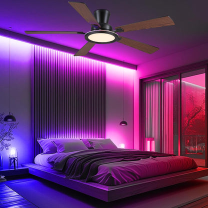 Ceiling Fans with Lights - 52in Flush Mount Ceiling Fan with RGB Dimmable, 3CCT 6 Wind Speeds and Reversible Quiet Motor, Low Profile RGB Fan Light for Modern Indoor, Party 8886-Black 8886-White 8886-Brown 8886-Nickel
