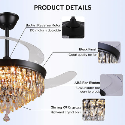 48" Chandelier Ceiling Fan with Lights, Crystal Retractable Fandelier with 3 Color LED Dimmable, Reversible DC Motor, Modern for Bedroom, Living Room5555-BLACK 5555-GOLD 5555-NICKEL