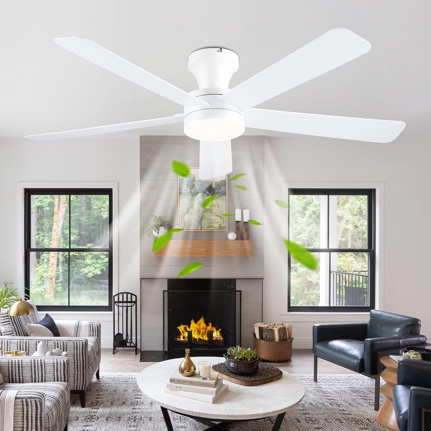Ceiling Fans with Lights,46" Black Flush Mount Ceiling Fan Light with ABS Blades Reversible,3CCT Dimmable, Low Profile Fan Light for Indoor Modern Bedroom, Kitchen