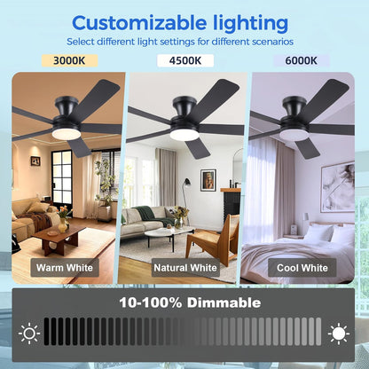 Ceiling Fans with Lights,46" Black Flush Mount Ceiling Fan Light with ABS Blades Reversible,3CCT Dimmable, Low Profile Fan Light for Indoor Modern Bedroom, Kitchen