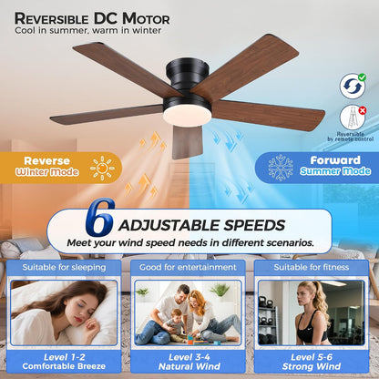 48In Ceiling Fan with Light Flush Mount - White Low Profile Ceiling Fan Light with Remote/APP, 5 Reversible Dual-Sided Blades, Modern Fan Light for Indoor Bedroom, Covered Outdoor