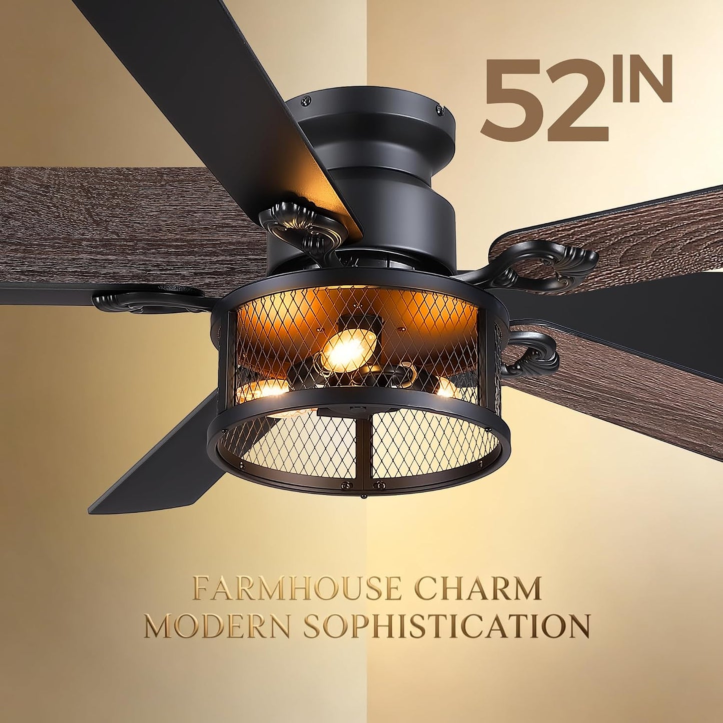 JSAITEE 52" Farmhouse Flush Mount Ceiling Fans with Lights, No Bulbs