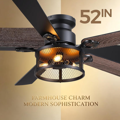 JSAITEE 52" Farmhouse Flush Mount Ceiling Fans with Lights, No Bulbs