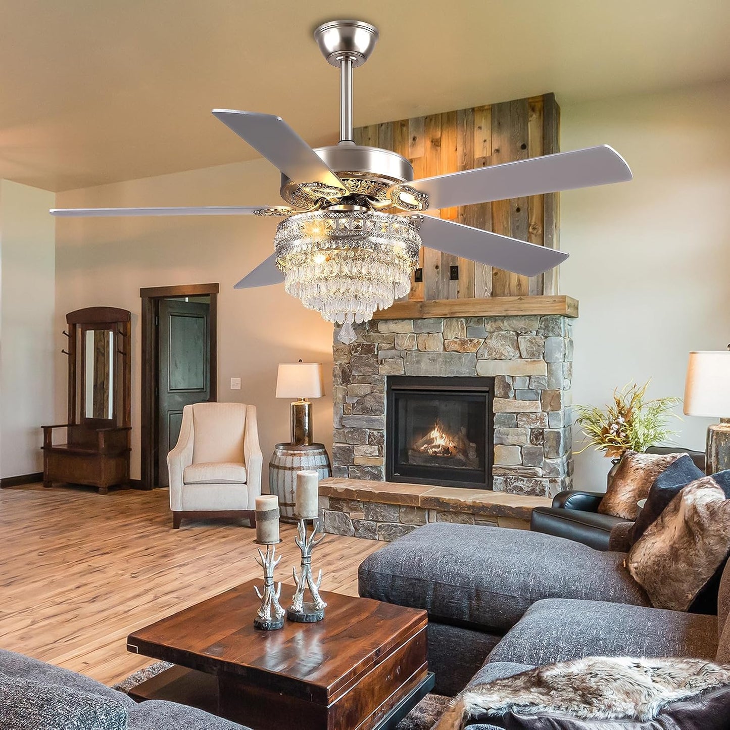 Crystal Ceiling Fan Fandelier with Lights - Retro Outdoor Fans (52" ) 5888 5888-Silver 52 5888-Gold 52
