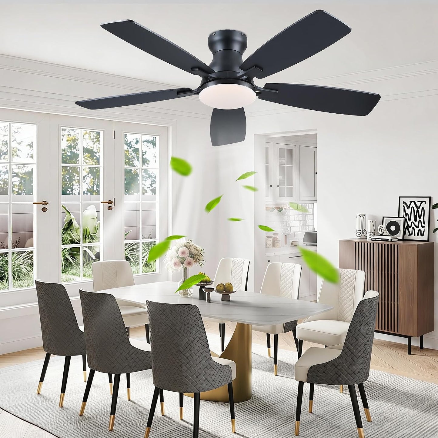 JSAITEE 46 Inch Low Profile Flush Mount Ceiling Fan with Lights, Black Brown WhiteJL-66-42-Brown JL-66-42-black JL-66-42-white