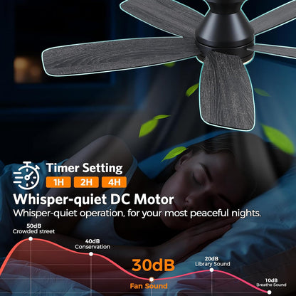 SAITEE 48" Ceiling Fans with Lights Low Profile - Flush Mount Ceiling Fan with Light and Remote, 6 Wind Speeds Reversible, Quiet, 3CCT Dimmable, Fan Light for Modern Indoor, Bedroom, Kitchen,JL68-48-Black JL068-48-white JL68-48-Brwon JL68-48-Nickle