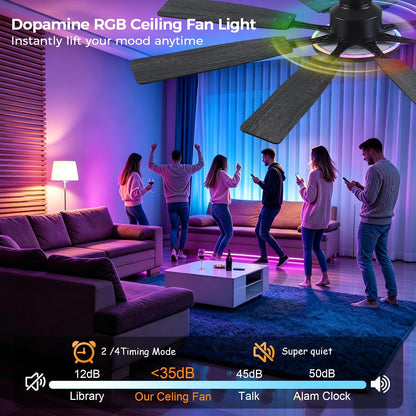 JSAITEE 60Inch Ceiling Fan with Lights Low Profile Flush Mount Brown RGB