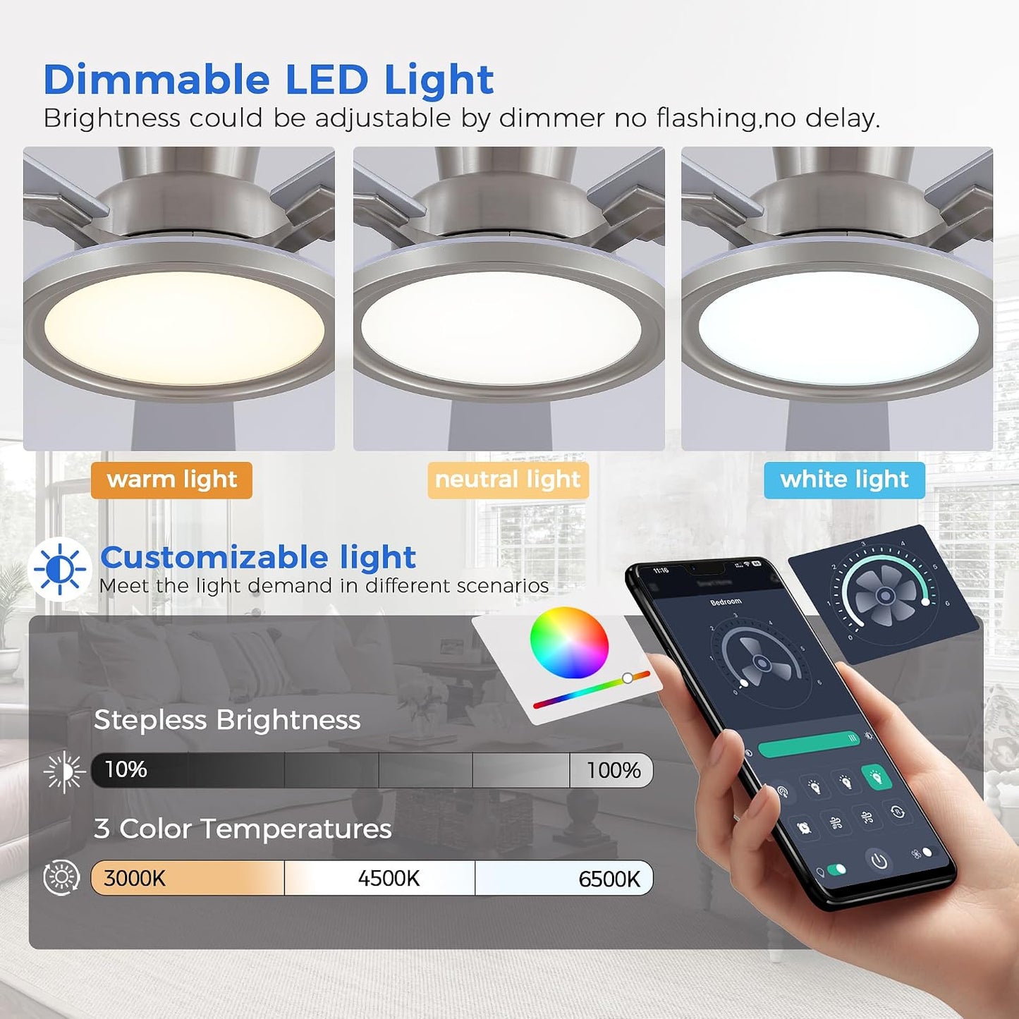 Ceiling Fans with Lights - 52in Flush Mount Ceiling Fan with RGB Dimmable, 3CCT 6 Wind Speeds and Reversible Quiet Motor, Low Profile RGB Fan Light for Modern Indoor, Party 8886-Black 8886-White 8886-Brown 8886-Nickel