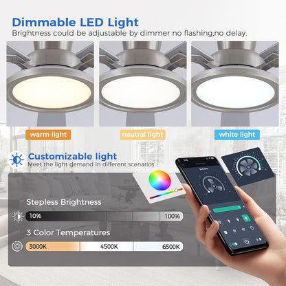 Ceiling Fans with Lights - 52in Flush Mount Ceiling Fan with RGB Dimmable, 3CCT 6 Wind Speeds and Reversible Quiet Motor, Low Profile RGB Fan Light for Modern Indoor, Party 8886-Black 8886-White 8886-Brown 8886-Nickel