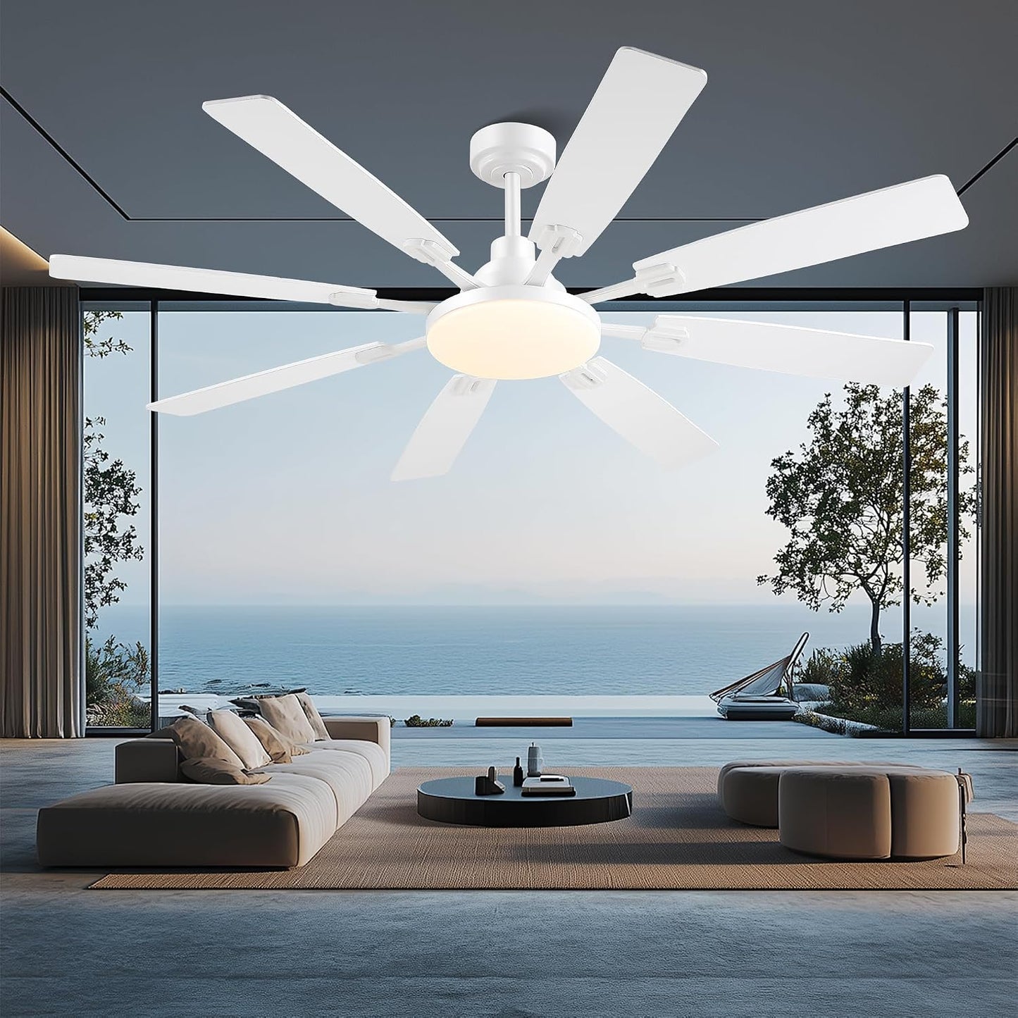 60" Ceiling Fan with Light - Modern White Low Profile Ceilings Fans Light Low Profile Fan with 8 Blades,6 Wind Speeds Reversible,Dimmable,Modern Light for Indoor Living Room,Kitchen,Coverd PatiosJL-153-Black-60In JL-153-White-60In JL-153-Brown-60In