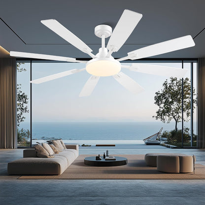 60" Ceiling Fan with Light - Modern White Low Profile Ceilings Fans Light Low Profile Fan with 8 Blades,6 Wind Speeds Reversible,Dimmable,Modern Light for Indoor Living Room,Kitchen,Coverd PatiosJL-153-Black-60In JL-153-White-60In JL-153-Brown-60In