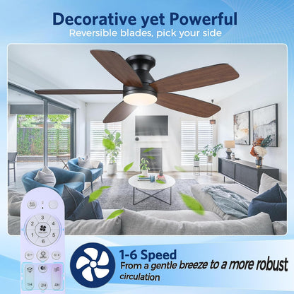 SAITEE 48" Ceiling Fans with Lights Low Profile - Flush Mount Ceiling Fan with Light and Remote, 6 Wind Speeds Reversible, Quiet, 3CCT Dimmable, Fan Light for Modern Indoor, Bedroom, Kitchen,JL68-48-Black JL068-48-white JL68-48-Brwon JL68-48-Nickle