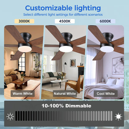 48In Ceiling Fan with Light Flush Mount - White Low Profile Ceiling Fan Light with Remote/APP, 5 Reversible Dual-Sided Blades, Modern Fan Light for Indoor Bedroom, Covered Outdoor