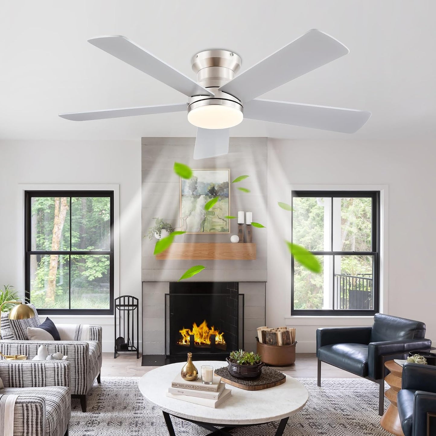 48In Ceiling Fan with Light Flush Mount - White Low Profile Ceiling Fan Light with Remote/APP, 5 Reversible Dual-Sided Blades, Modern Fan Light for Indoor Bedroom, Covered Outdoor