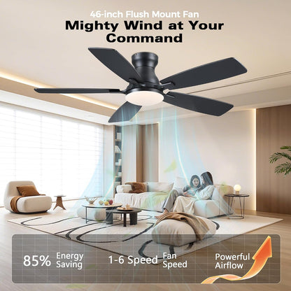 JSAITEE 46 Inch Low Profile Flush Mount Ceiling Fan with Lights, Black Brown WhiteJL-66-42-Brown JL-66-42-black JL-66-42-white