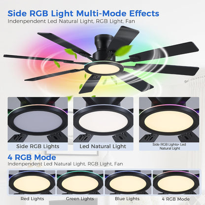 Ceiling Fans with Lights -60in Brown Flush Mount Ceiling Fan with RGB SY8888-Black-RGB SY8888-White-RGB SY8888-Brown-RGB