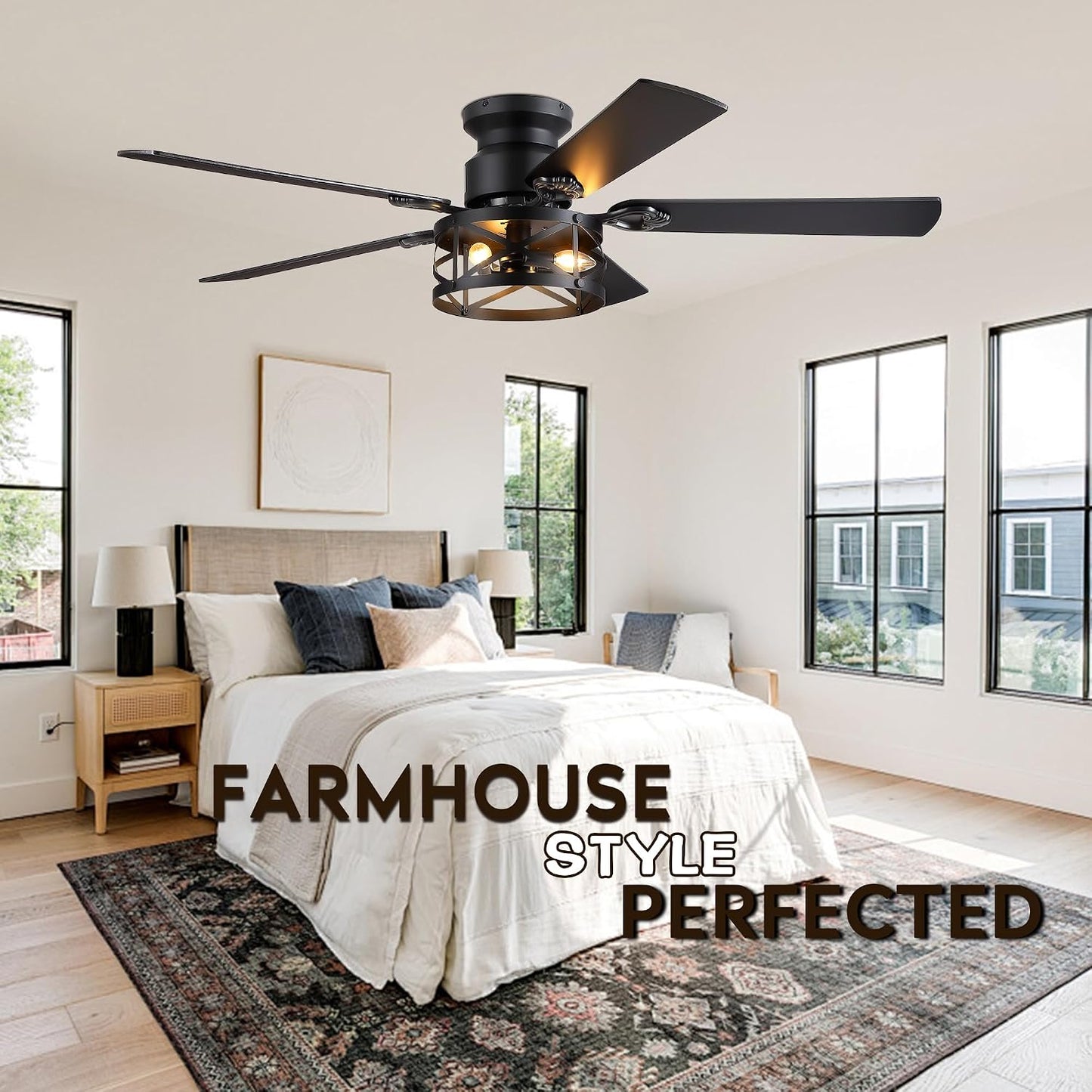 JSAITEE 52" Farmhouse Flush Mount Ceiling Fans with Lights, No Bulbs