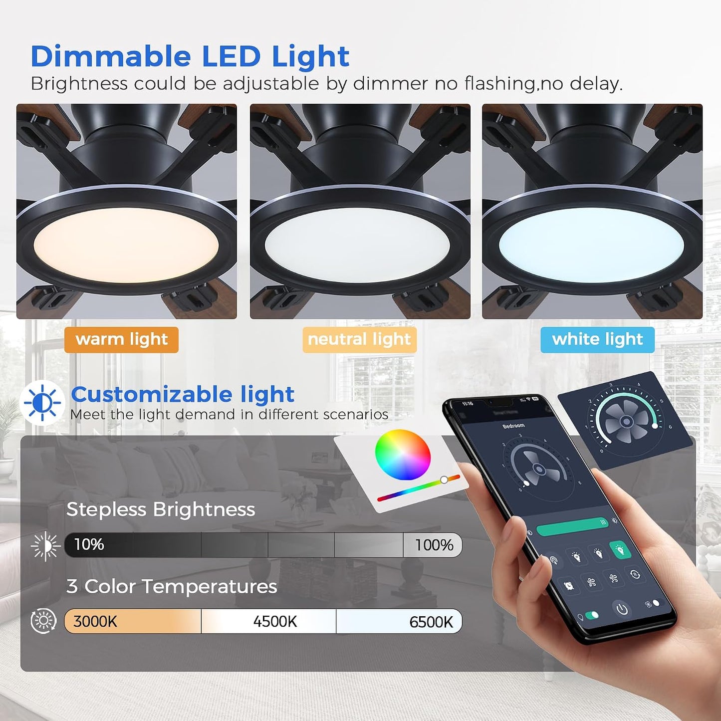 Ceiling Fans with Lights -60in Brown Flush Mount Ceiling Fan with RGB SY8888-Black-RGB SY8888-White-RGB SY8888-Brown-RGB
