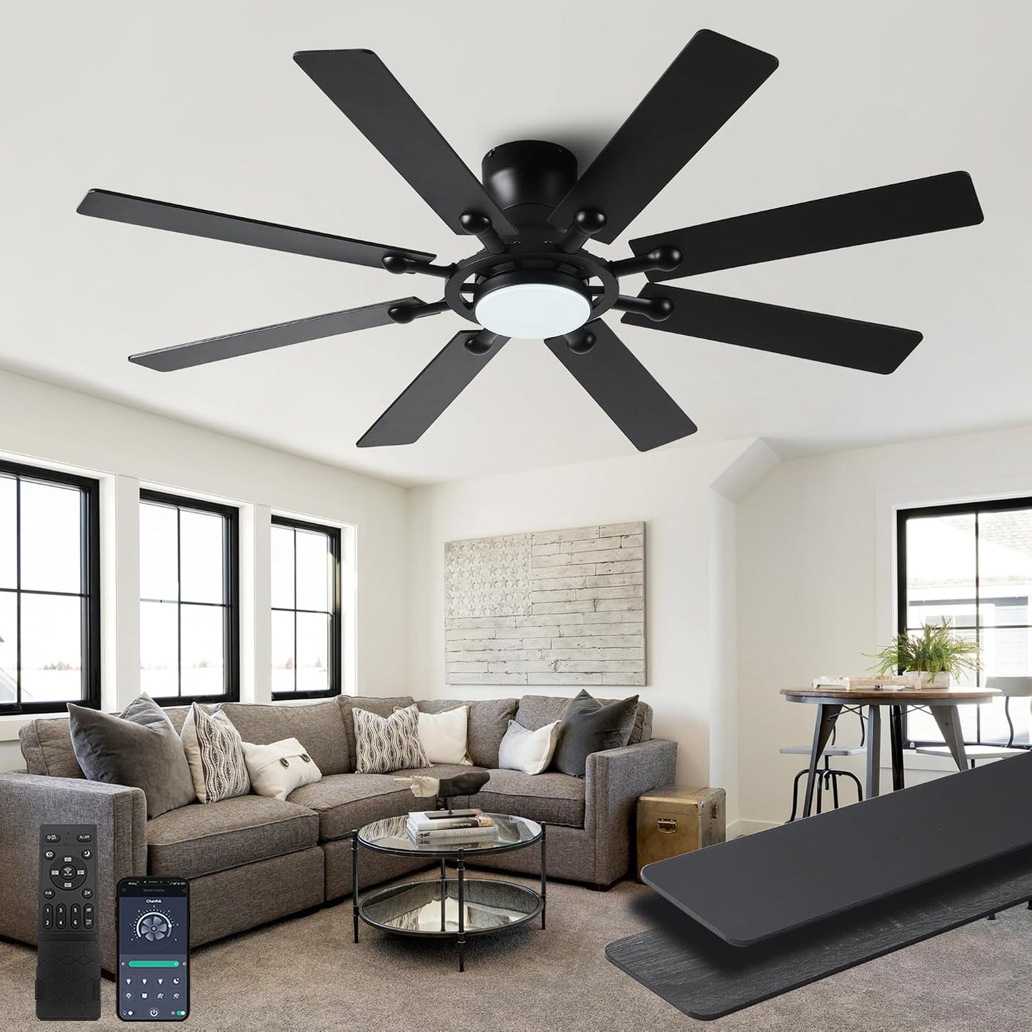 Ceiling Fans with Lights, 54 inch Low Profile Ceiling Fan with Light and Remote Control, Flush Mount Ceiling Fan for Bedroom, Living Room, Reversible, 3CCT, Dimmable, Noiseless DC Motor, Black White Brown