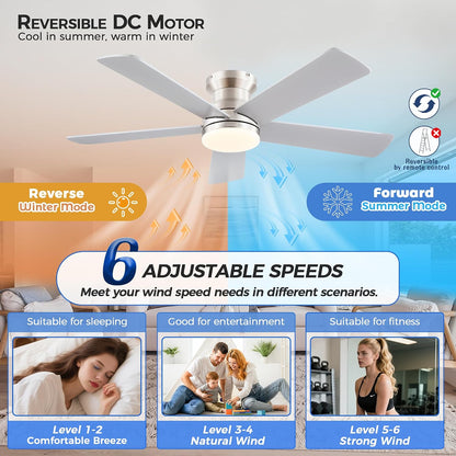 48In Ceiling Fan with Light Flush Mount - White Low Profile Ceiling Fan Light with Remote/APP, 5 Reversible Dual-Sided Blades, Modern Fan Light for Indoor Bedroom, Covered Outdoor