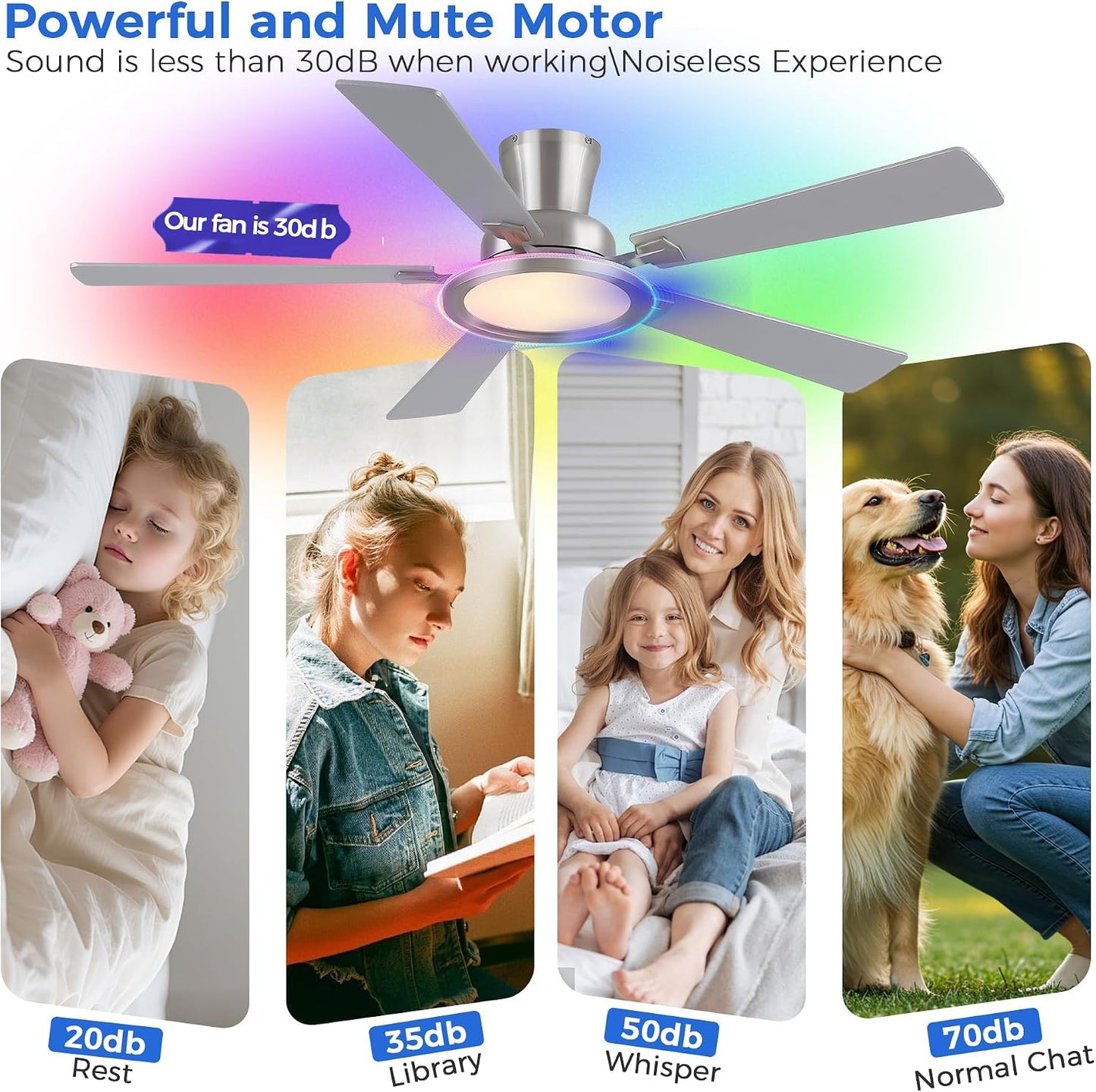 Ceiling Fans with Lights - 52in Flush Mount Ceiling Fan with RGB Dimmable, 3CCT 6 Wind Speeds and Reversible Quiet Motor, Low Profile RGB Fan Light for Modern Indoor, Party 8886-Black 8886-White 8886-Brown 8886-Nickel