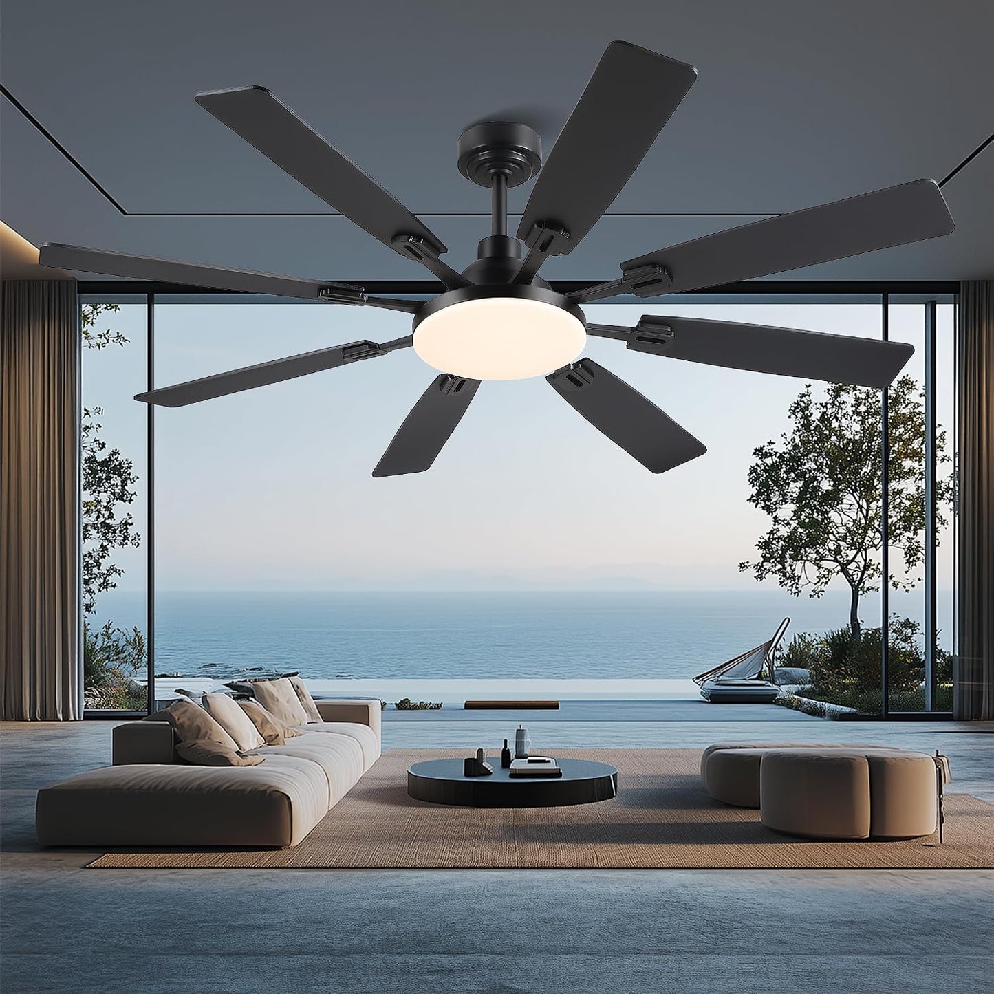 60" Ceiling Fan with Light - Modern White Low Profile Ceilings Fans Light Low Profile Fan with 8 Blades,6 Wind Speeds Reversible,Dimmable,Modern Light for Indoor Living Room,Kitchen,Coverd PatiosJL-153-Black-60In JL-153-White-60In JL-153-Brown-60In