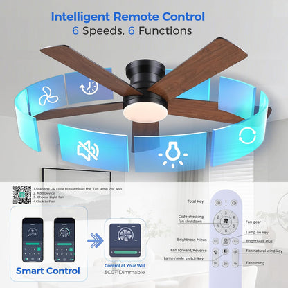 48In Ceiling Fan with Light Flush Mount - White Low Profile Ceiling Fan Light with Remote/APP, 5 Reversible Dual-Sided Blades, Modern Fan Light for Indoor Bedroom, Covered Outdoor