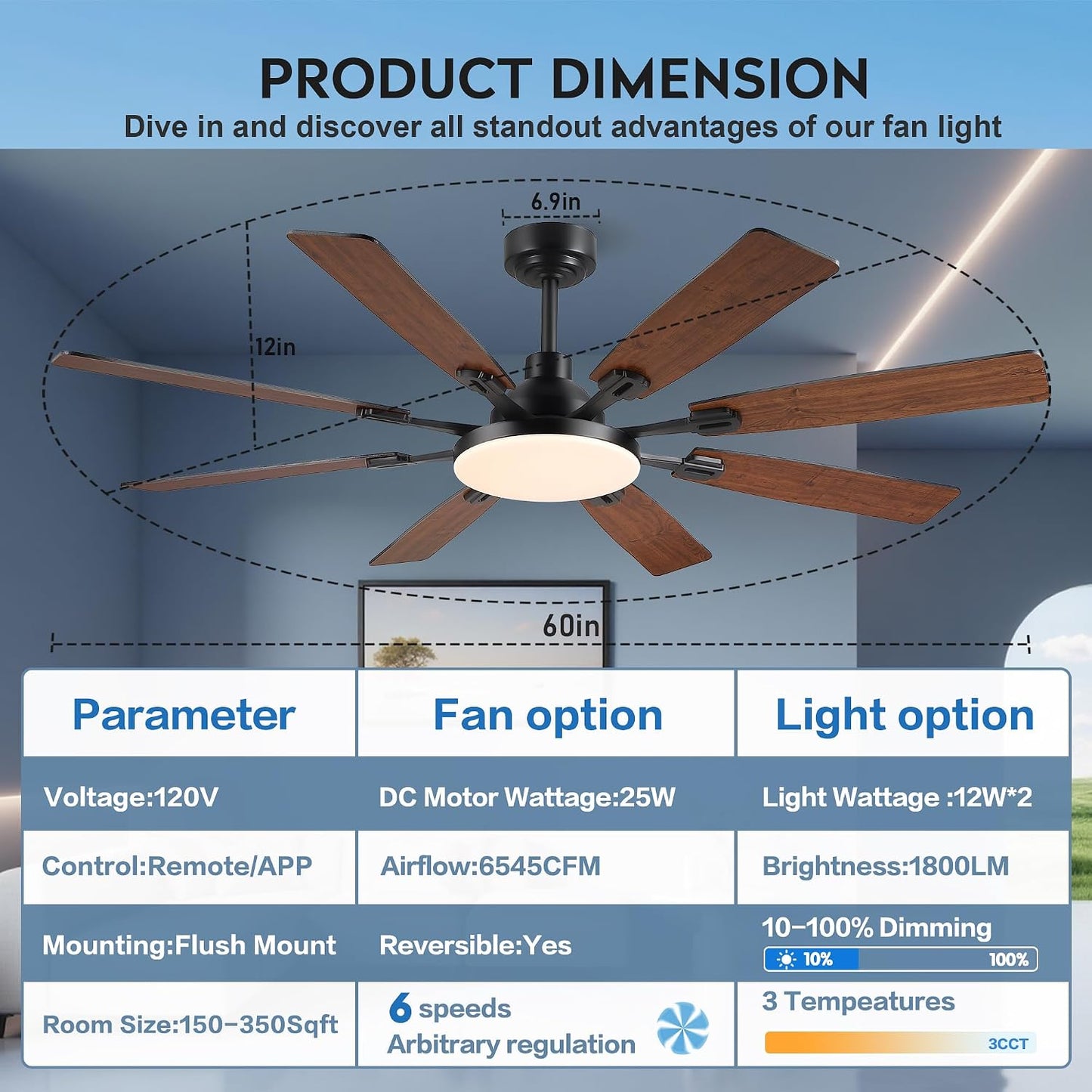 60" Ceiling Fan with Light - Modern White Low Profile Ceilings Fans Light Low Profile Fan with 8 Blades,6 Wind Speeds Reversible,Dimmable,Modern Light for Indoor Living Room,Kitchen,Coverd PatiosJL-153-Black-60In JL-153-White-60In JL-153-Brown-60In