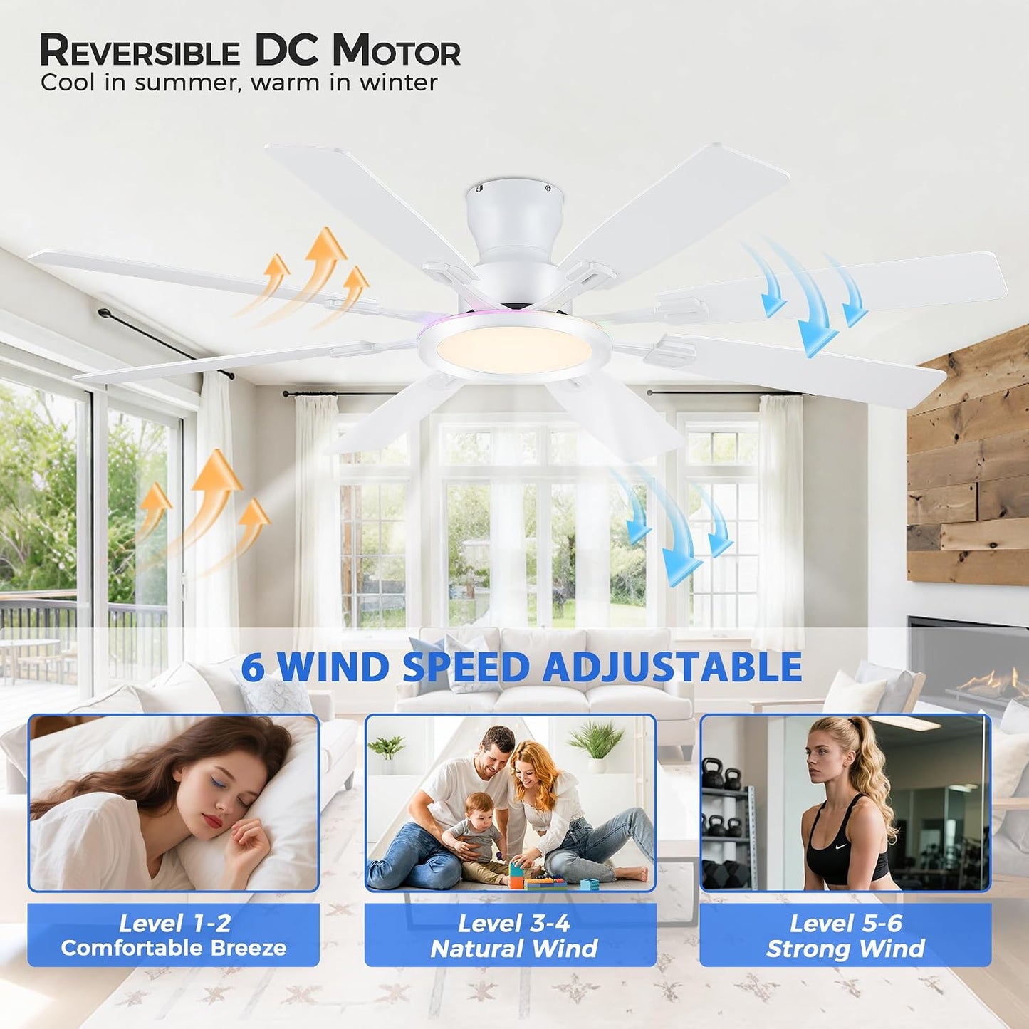 Ceiling Fans with Lights -60in Brown Flush Mount Ceiling Fan with RGB SY8888-Black-RGB SY8888-White-RGB SY8888-Brown-RGB