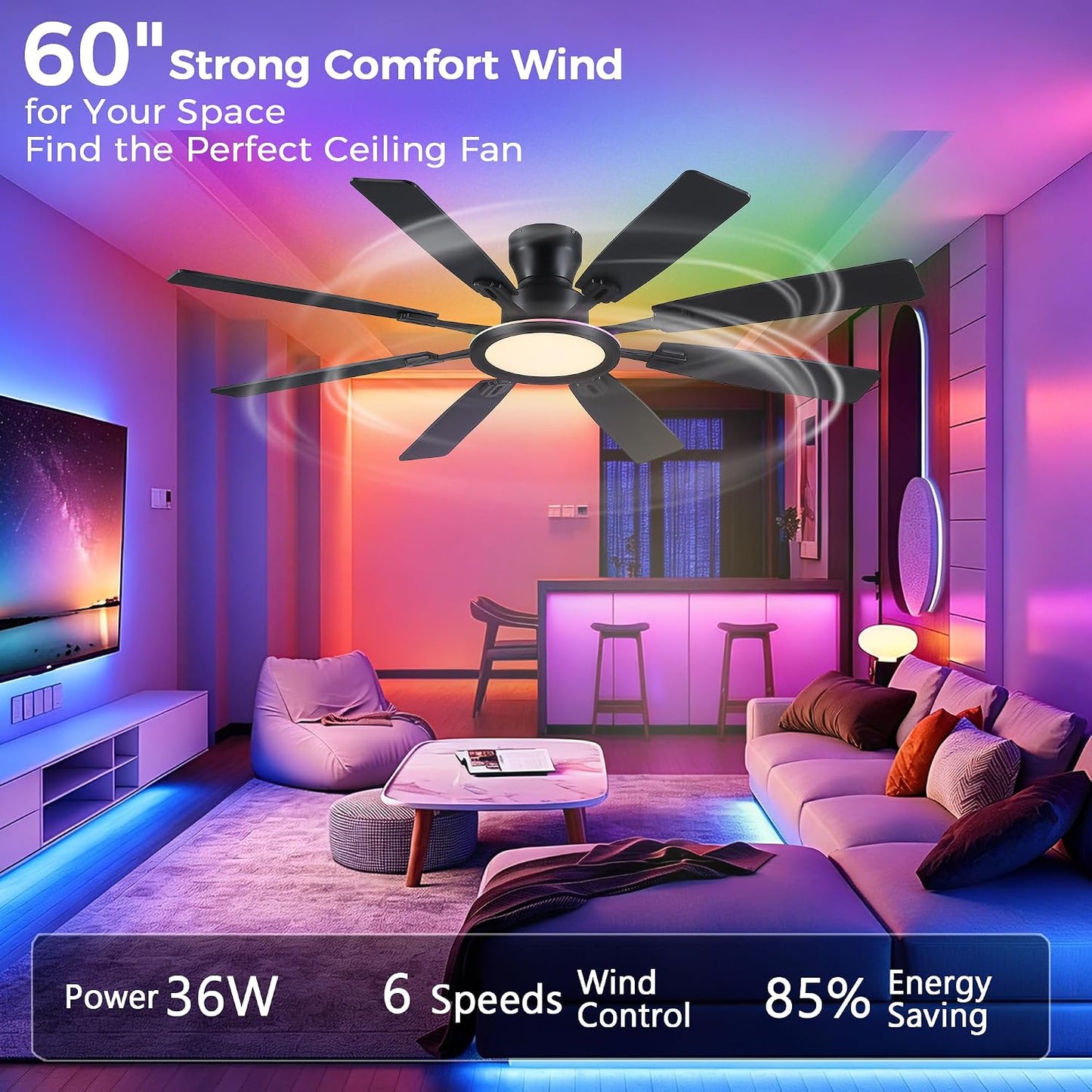 JSAITEE 60Inch Ceiling Fan with Lights Low Profile Flush Mount Brown RGB