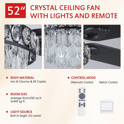Crystal Ceiling Fan Fandelier with Lights-Modern Ceiling Fan(52" )5889-Black 5890-Black