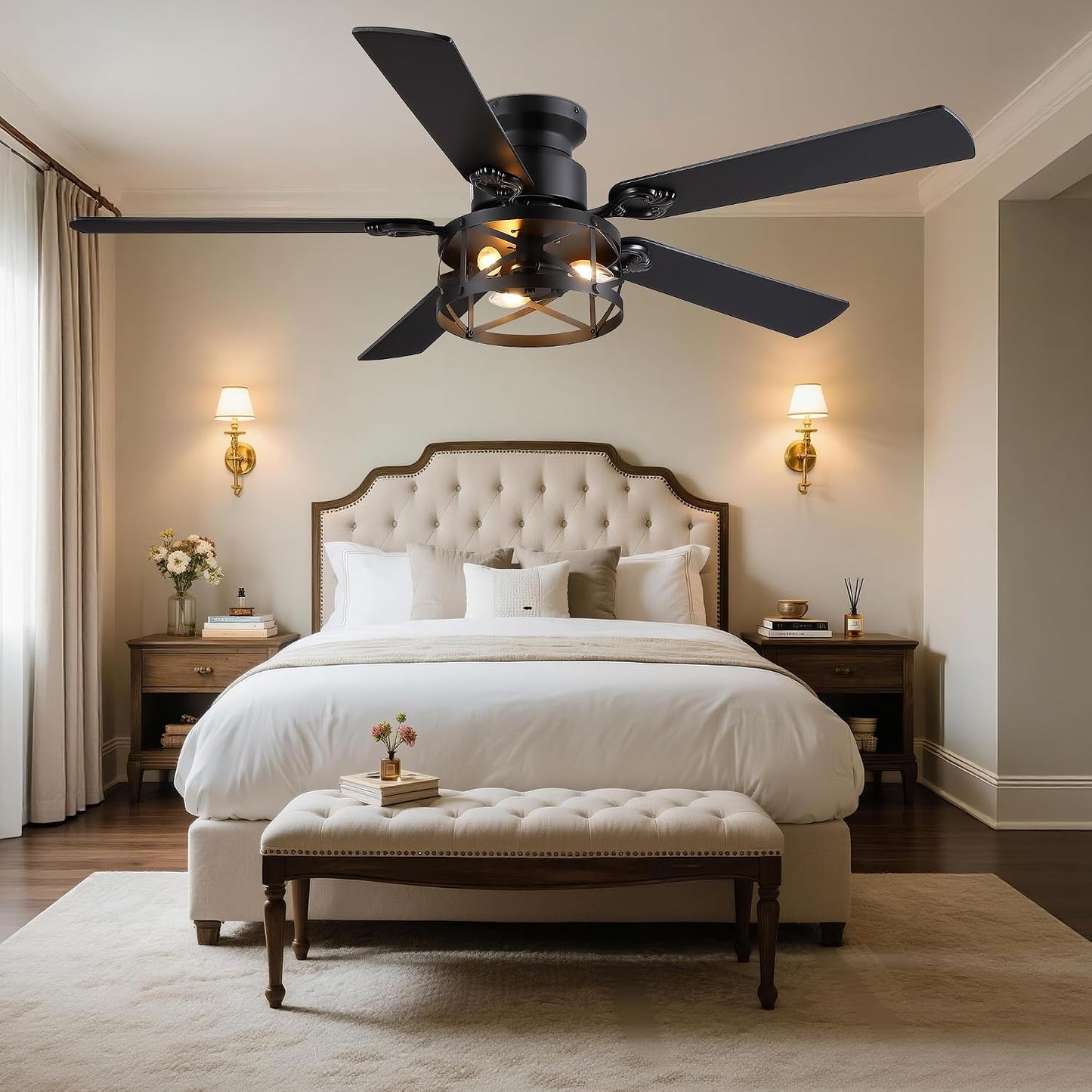 JSAITEE 52" Farmhouse Flush Mount Ceiling Fans with Lights, No Bulbs