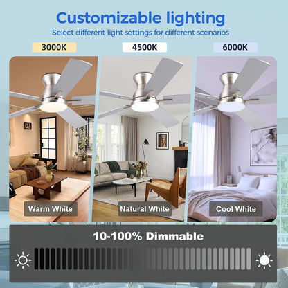 Ceiling Fans with Lights,52 Inch Low Profile Ceiling Fan with Light-Flush Mount Dimmable, Quiet DC Motor for Outdoor Patio,Garage,Bedroom Brown67-Black 52in 67-White 52in 67-Brown 52in 67-Nickel 52in