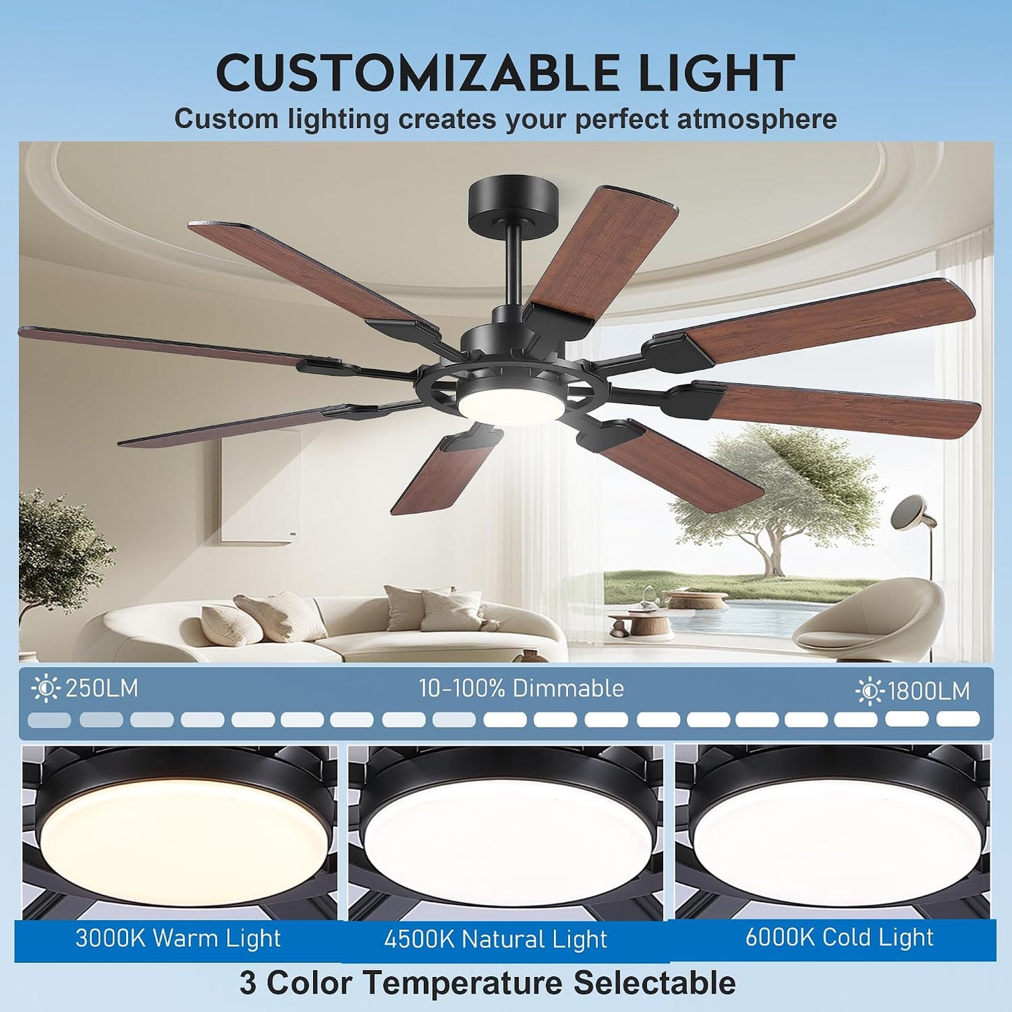 62" Ceiling Fan with Light - Modern White Low Profile Ceilings Fans Light08-Black-62In 08-White-62In 08-Brown-62In