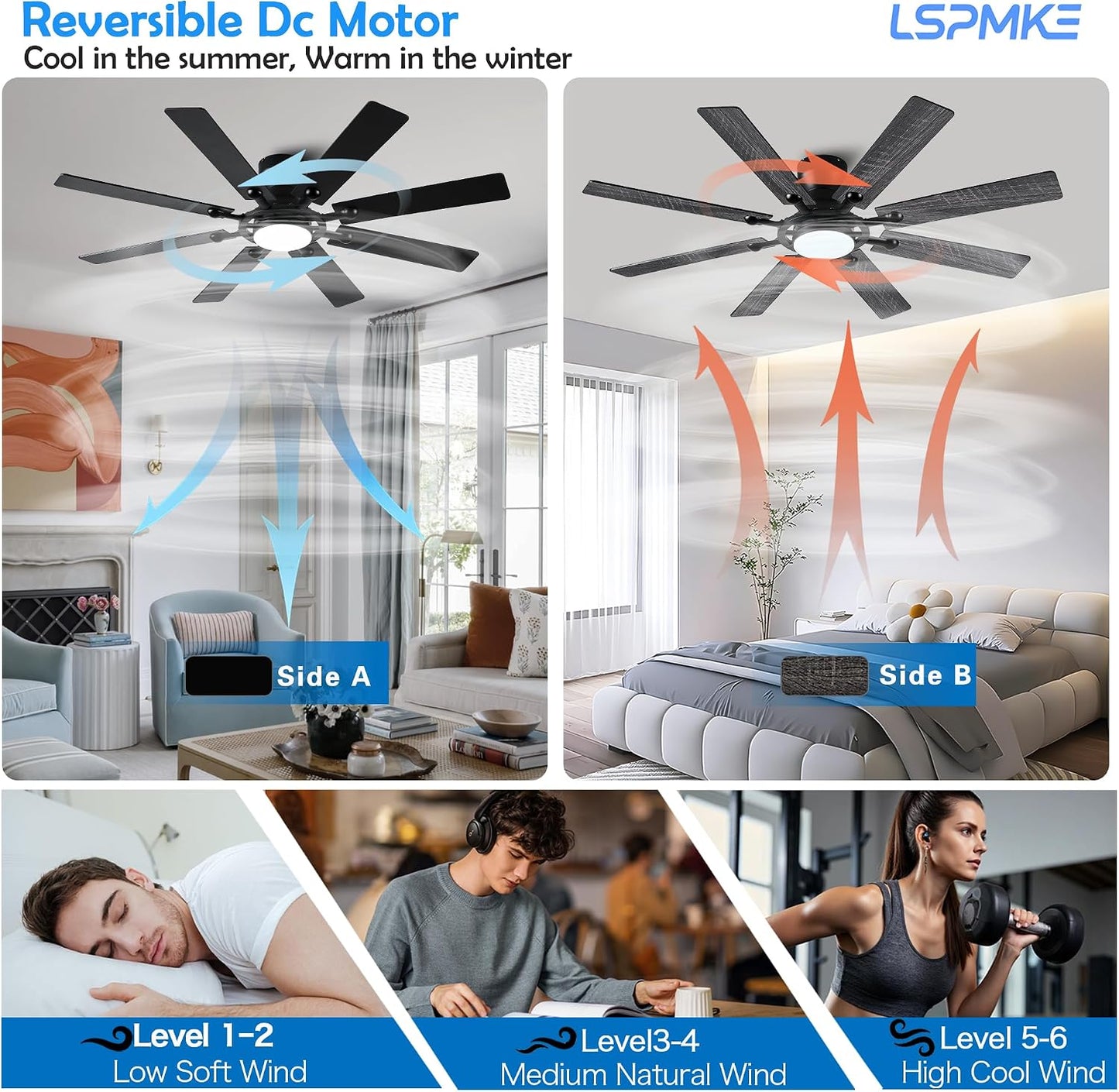 Ceiling Fans with Lights, 54 inch Low Profile Ceiling Fan with Light and Remote Control, Flush Mount Ceiling Fan for Bedroom, Living Room, Reversible, 3CCT, Dimmable, Noiseless DC Motor, Black White Brown