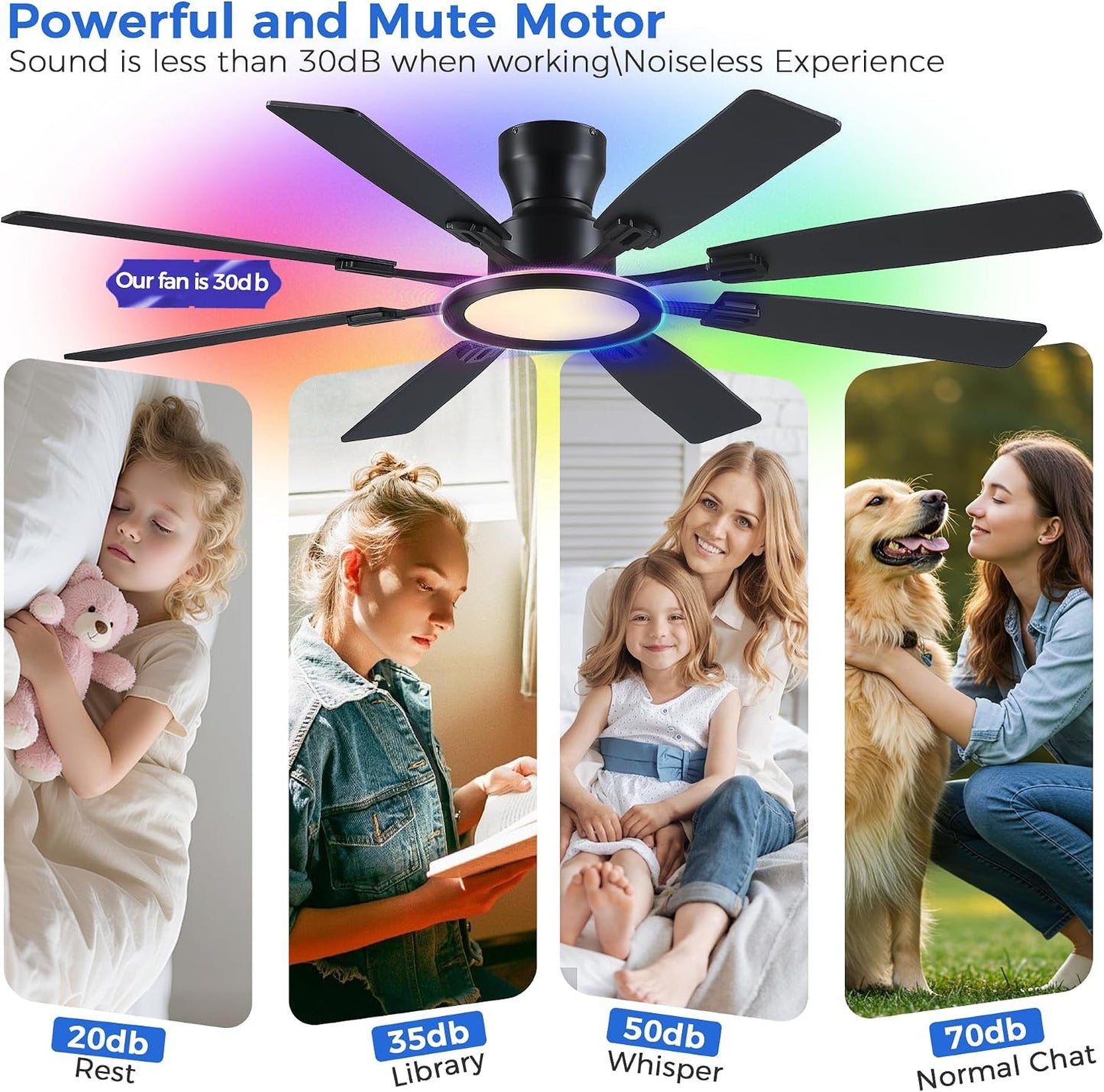 Ceiling Fans with Lights -60in Brown Flush Mount Ceiling Fan with RGB SY8888-Black-RGB SY8888-White-RGB SY8888-Brown-RGB