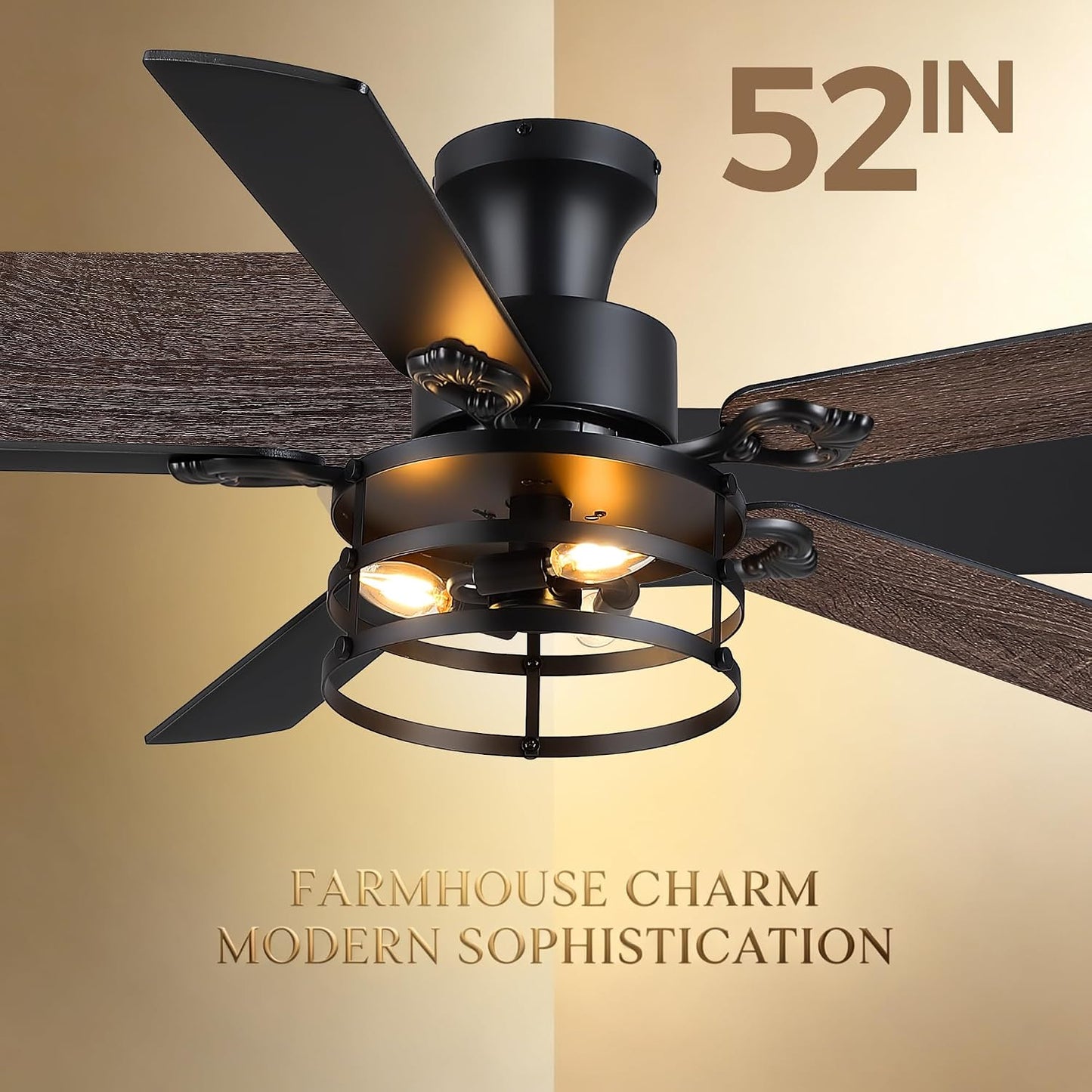 JSAITEE 52" Farmhouse Flush Mount Ceiling Fans with Lights, No Bulbs