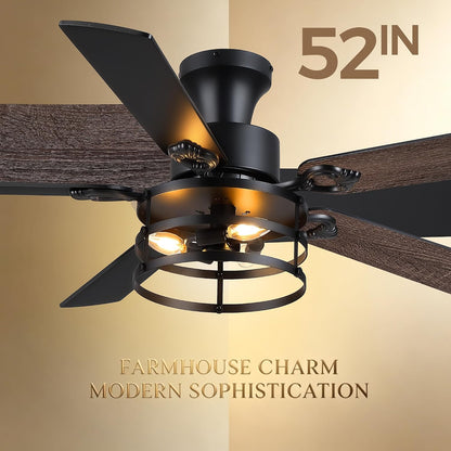JSAITEE 52" Farmhouse Flush Mount Ceiling Fans with Lights, No Bulbs