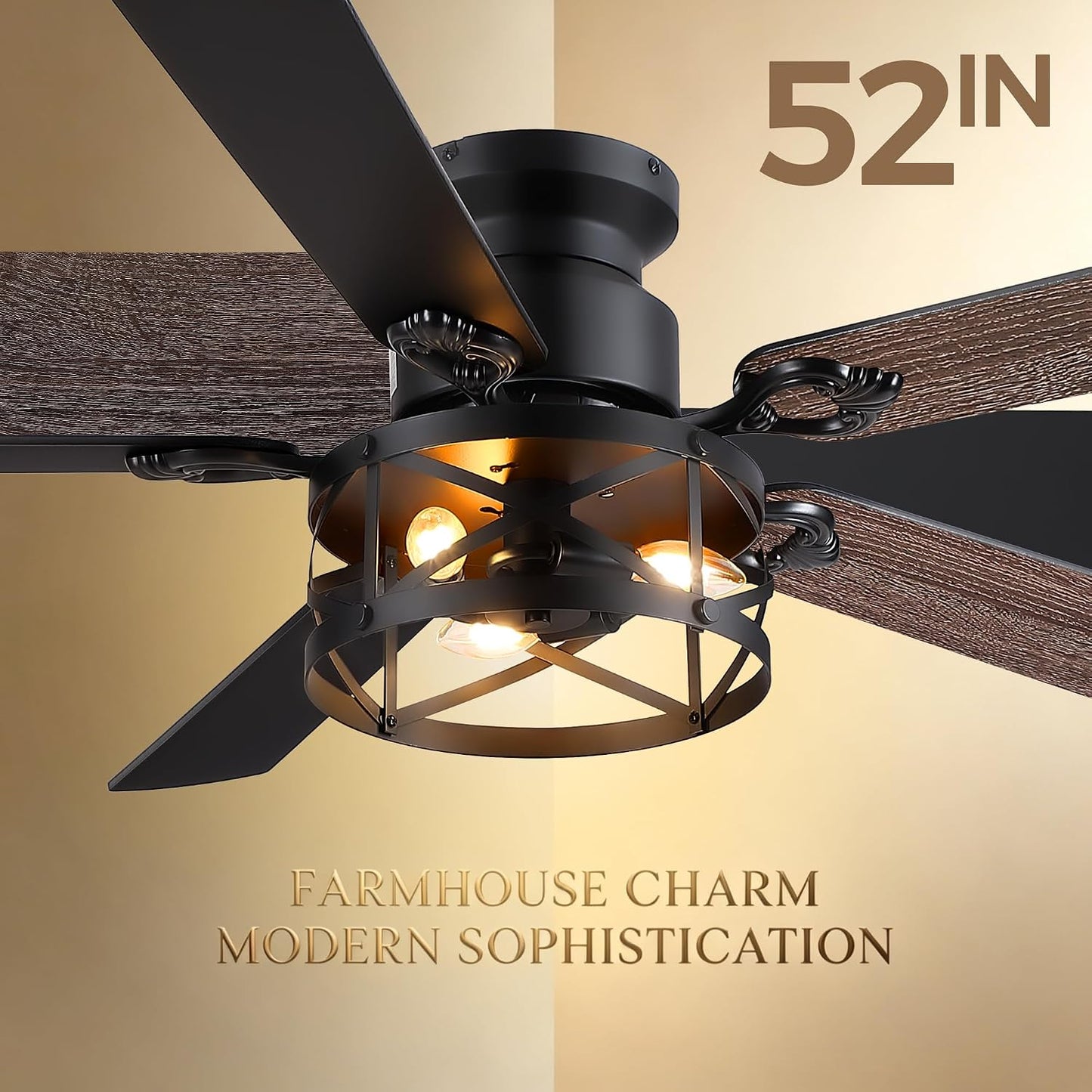 JSAITEE 52" Farmhouse Flush Mount Ceiling Fans with Lights, No Bulbs