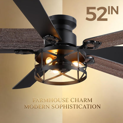 JSAITEE 52" Farmhouse Flush Mount Ceiling Fans with Lights, No Bulbs