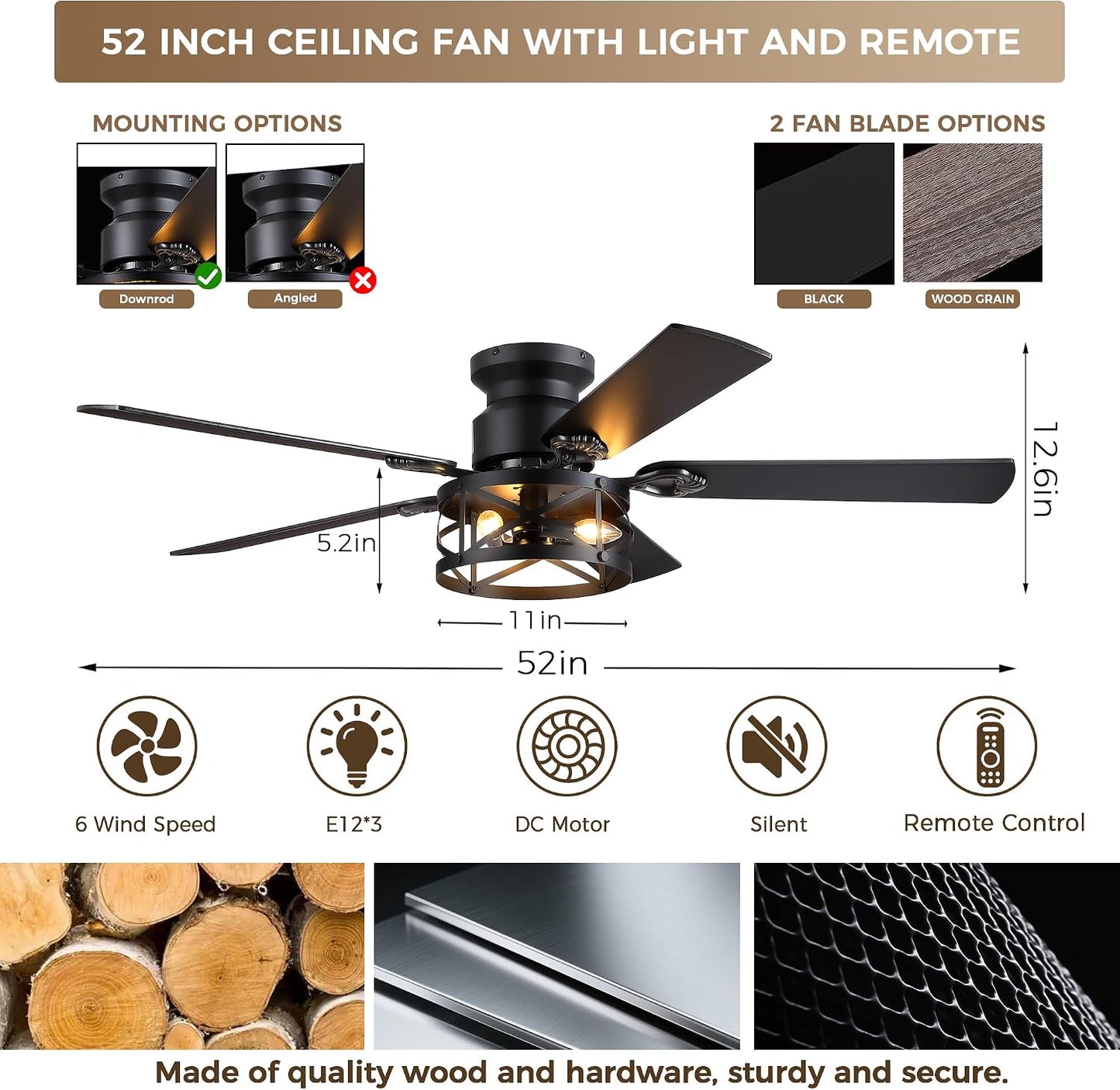 JSAITEE 52" Farmhouse Flush Mount Ceiling Fans with Lights, No Bulbs