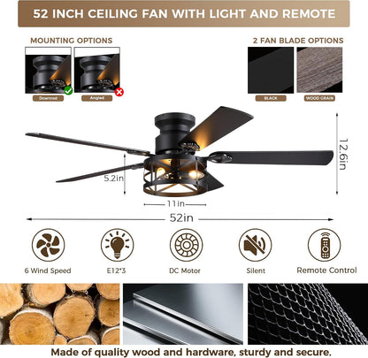JSAITEE 52" Farmhouse Flush Mount Ceiling Fans with Lights, No Bulbs
