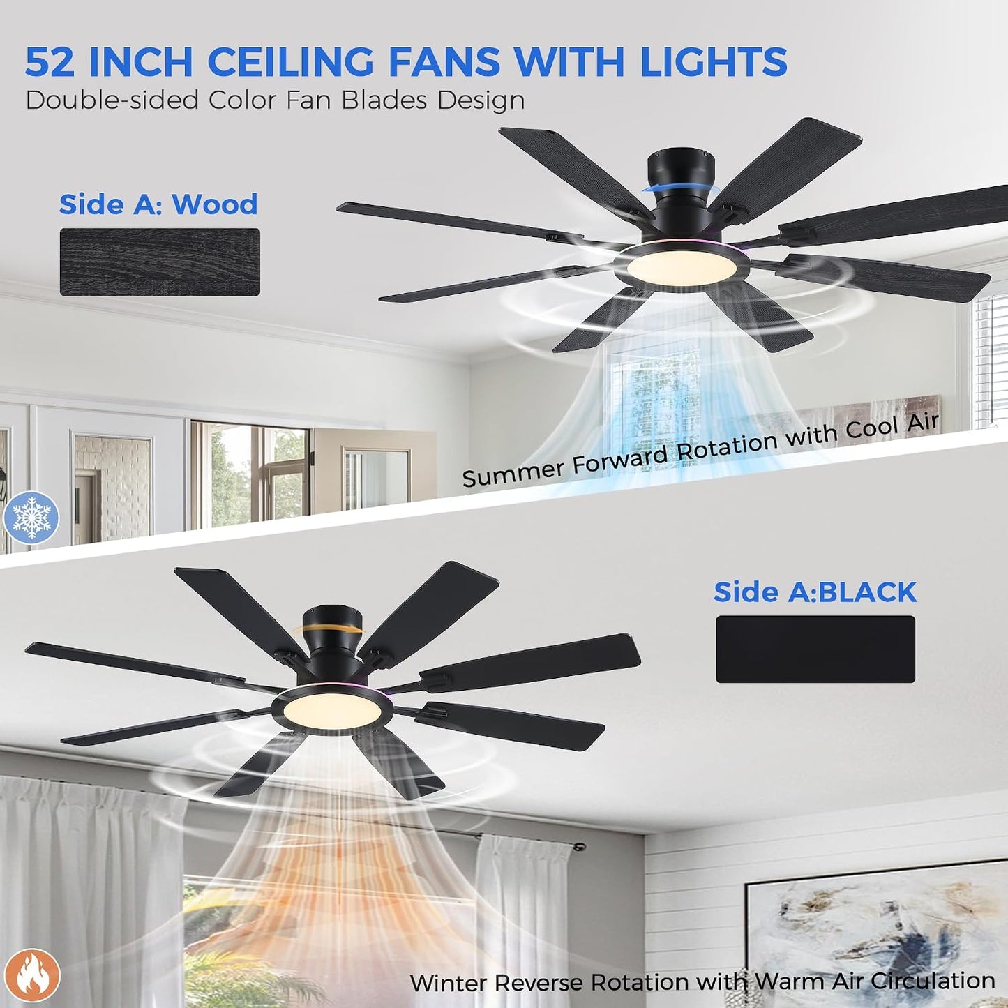 Ceiling Fans with Lights -60in Brown Flush Mount Ceiling Fan with RGB SY8888-Black-RGB SY8888-White-RGB SY8888-Brown-RGB