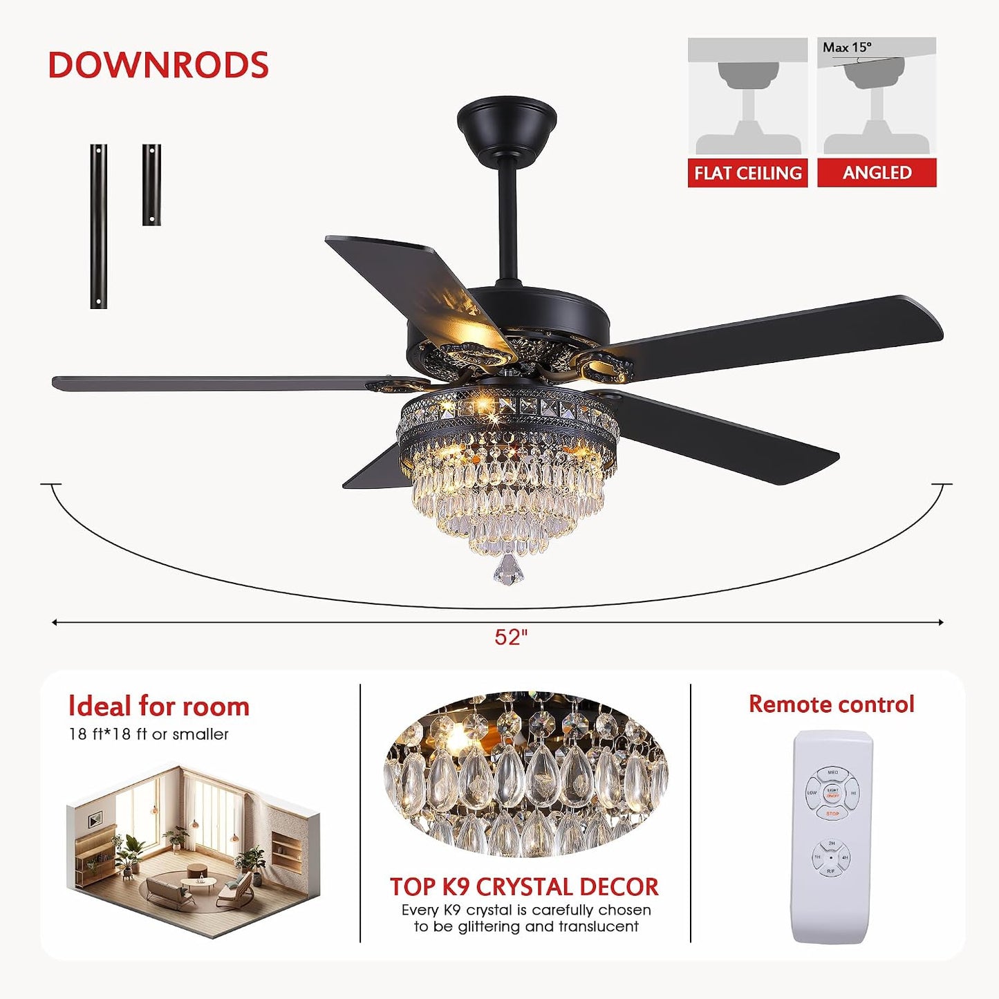 Crystal Ceiling Fan Fandelier with Lights - Retro Outdoor Fans (52" ) 5888 5888-Silver 52 5888-Gold 52