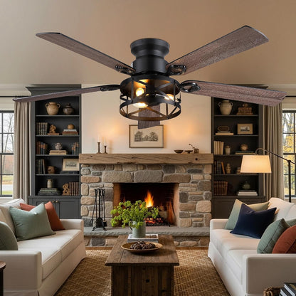 JSAITEE 52" Farmhouse Flush Mount Ceiling Fans with Lights, No Bulbs