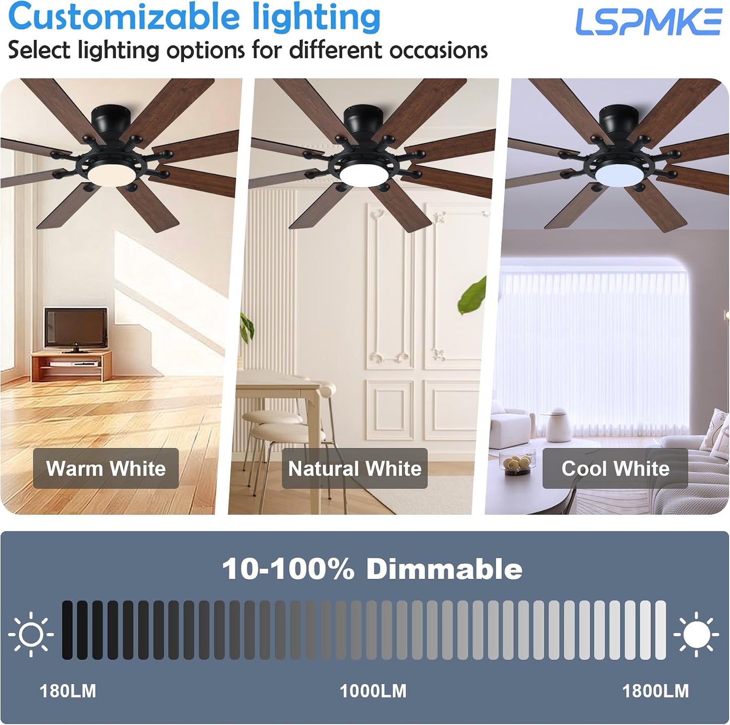 Ceiling Fans with Lights, 54 inch Low Profile Ceiling Fan with Light and Remote Control, Flush Mount Ceiling Fan for Bedroom, Living Room, Reversible, 3CCT, Dimmable, Noiseless DC Motor, Black White Brown